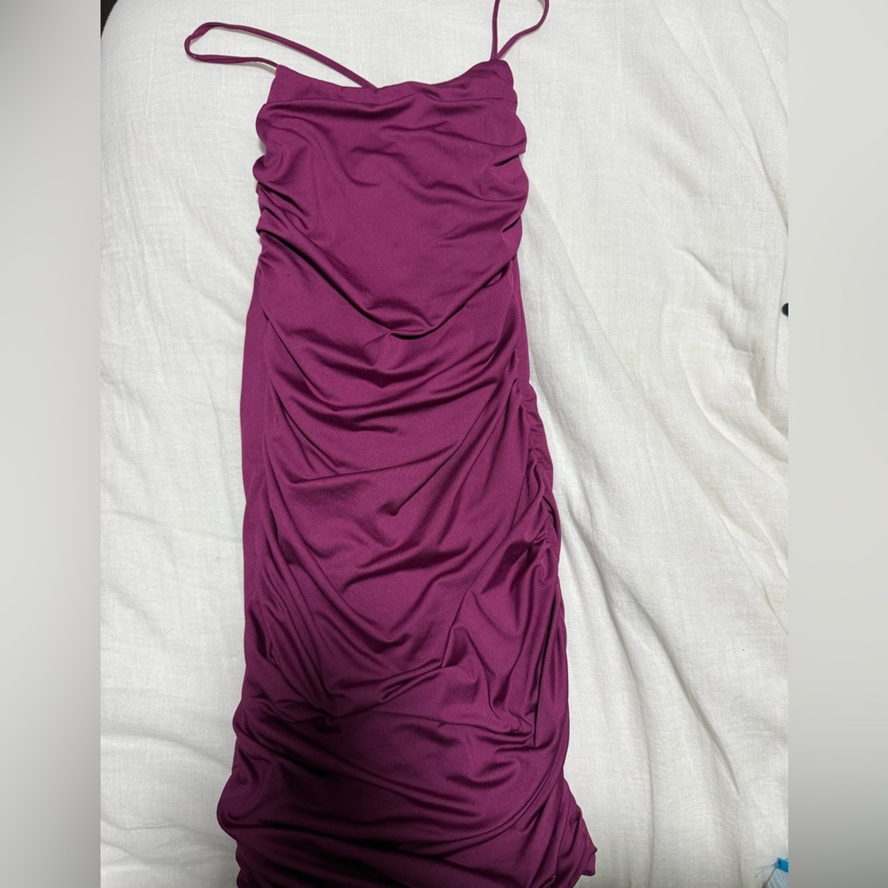 Oh Polly Ruched Mini Dress in Plum